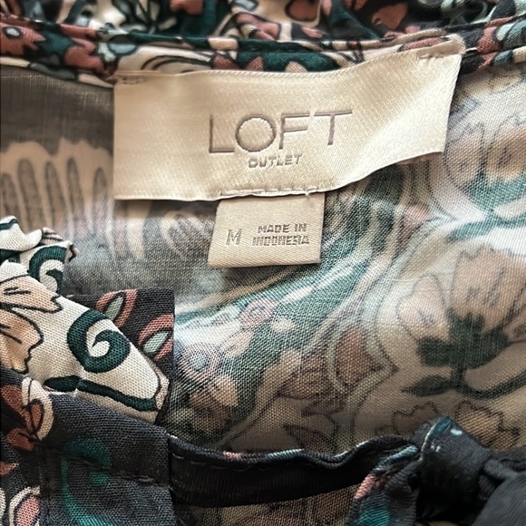 LOFT long sleeve olive green paisleys print tie front buttoned down top blouse M - Picture 6 of 9